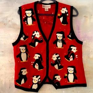 Ugly Christmas sweater cardigan vest W/ penguins